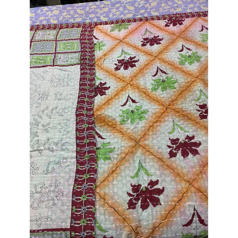 Kantha Quilt Reversible Hand Stitched Cotton Patchwork Throw Blanket Red Boho